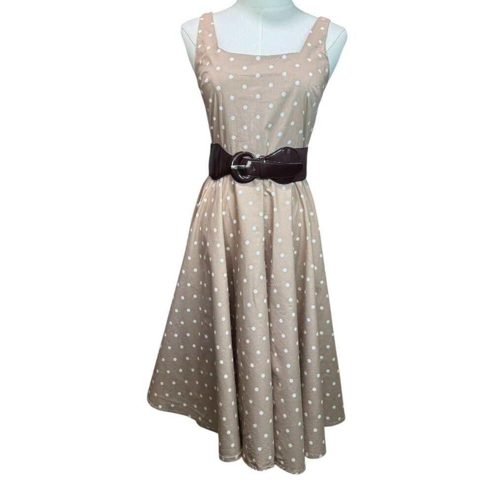 Bailey Blue vintage style taupe polka dot swing dress. Belted. SZ:S